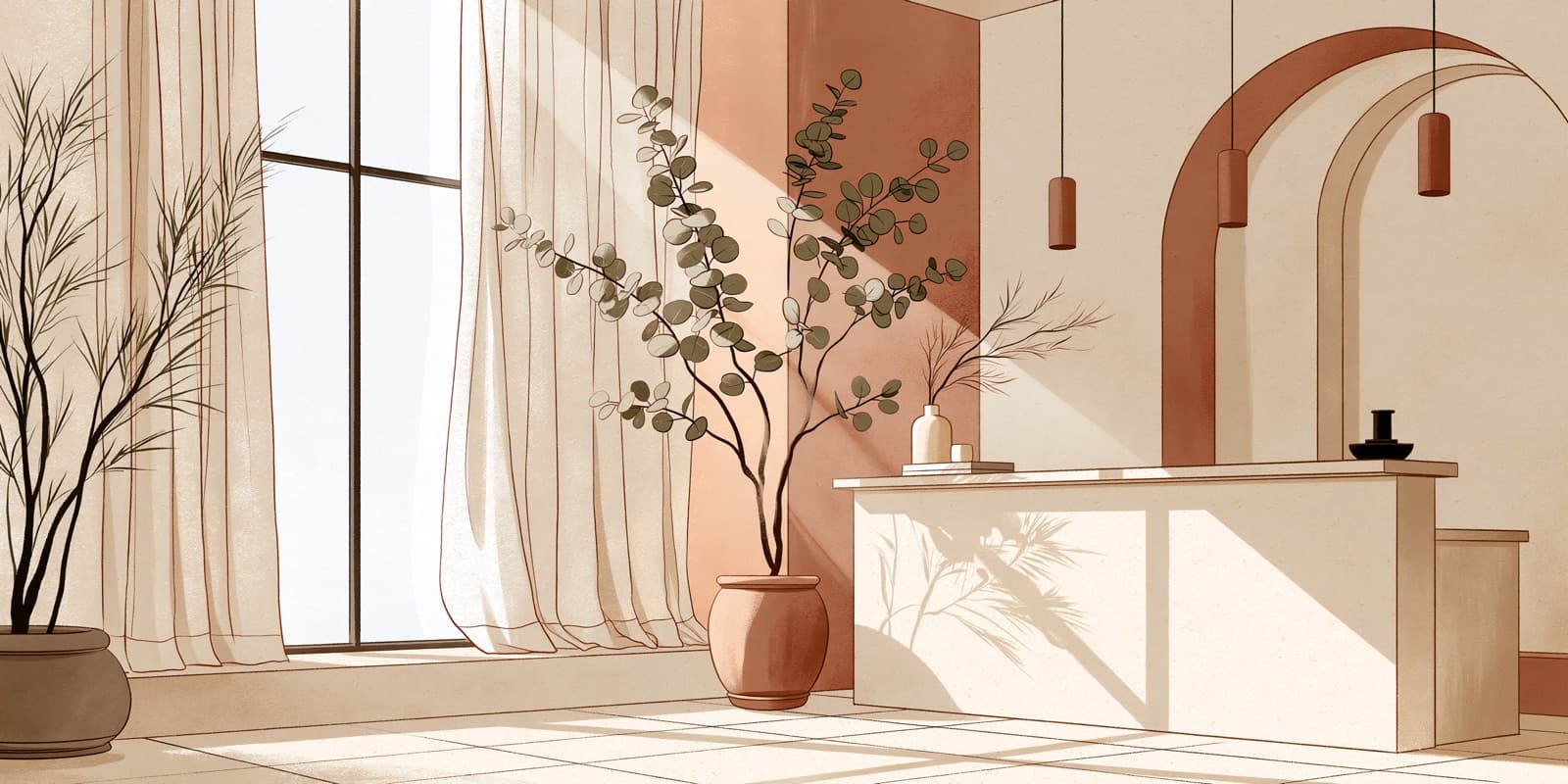 Illustration of a calm, sunlit wellness studio reception with plants and arches