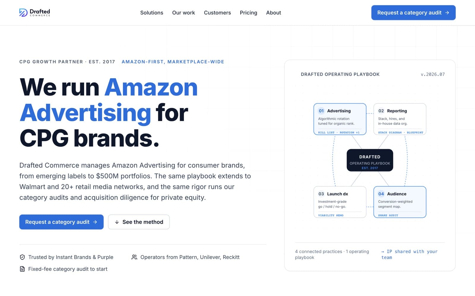 Drafted Commerce website redesign: modern agency landing page for a CPG growth partner