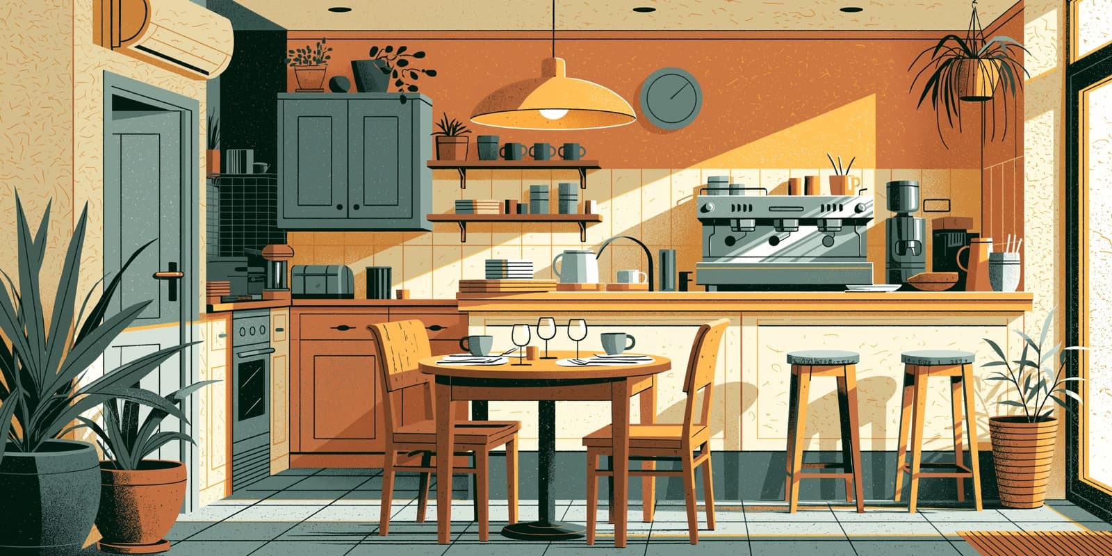 Warm illustration of a cozy café interior with an espresso machine and a set table