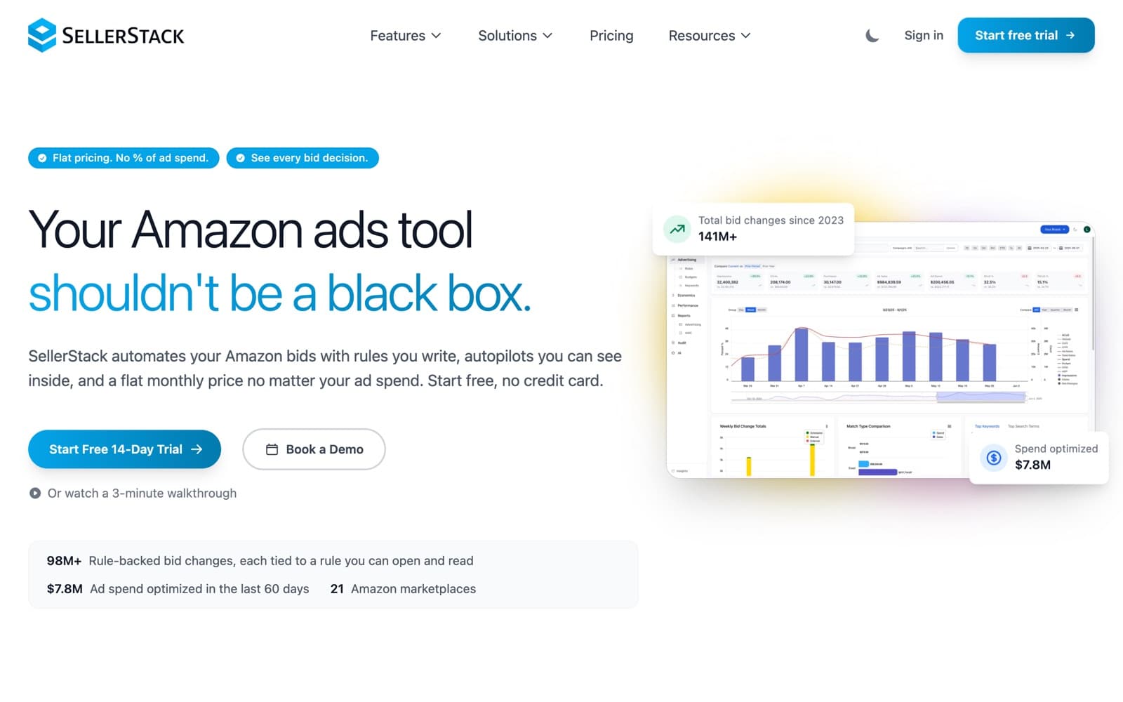SellerStack website: clean SaaS landing page for an Amazon advertising tool
