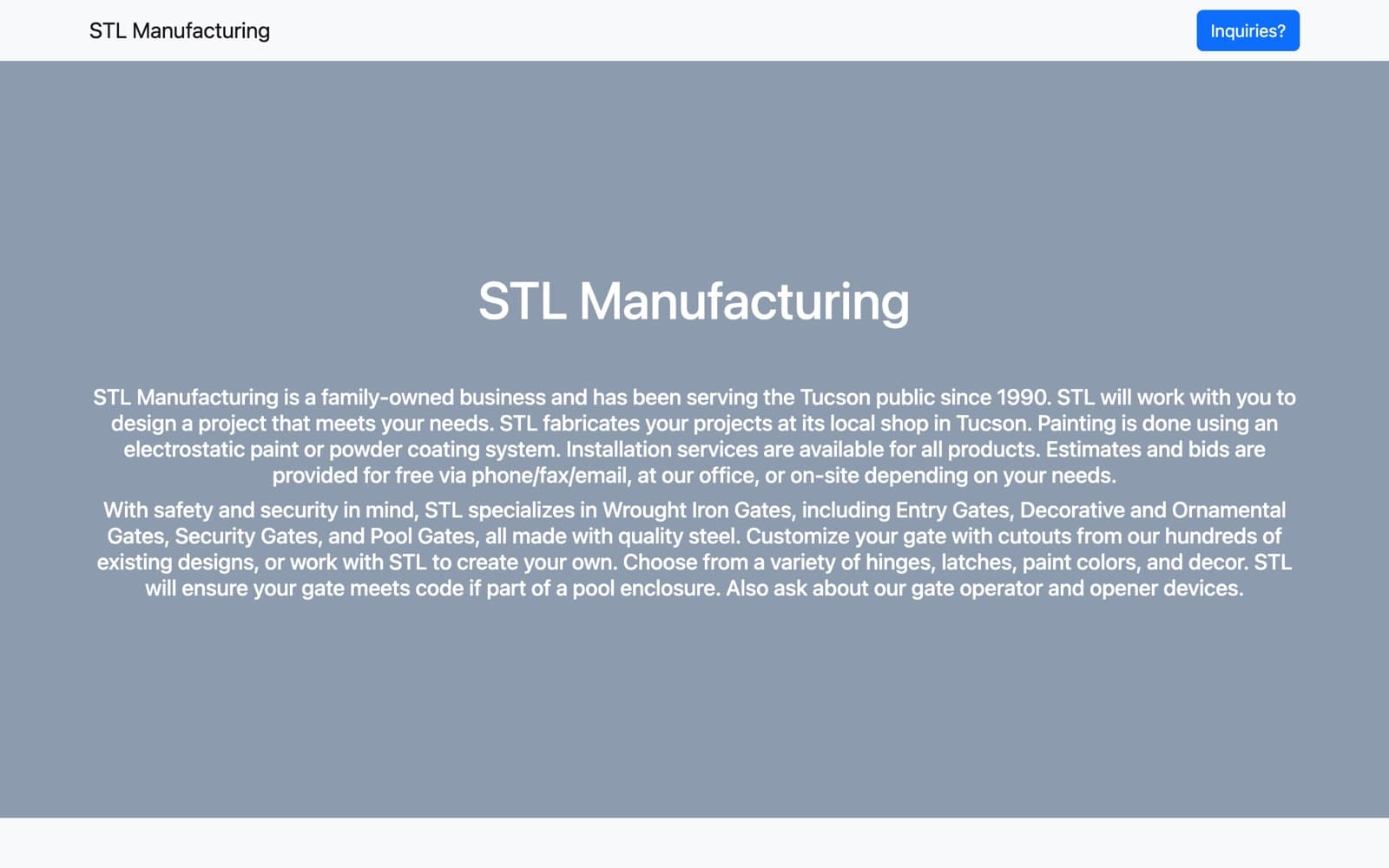 STL Manufacturing's previous website: a plain gray page of centered text