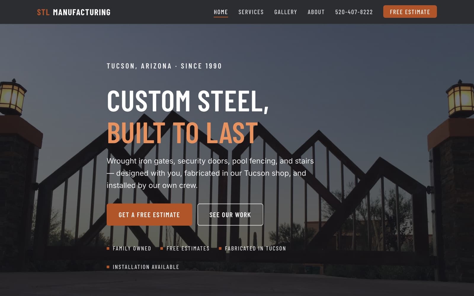 STL Manufacturing's new website: dark hero with a custom steel gate photo, clear calls to action