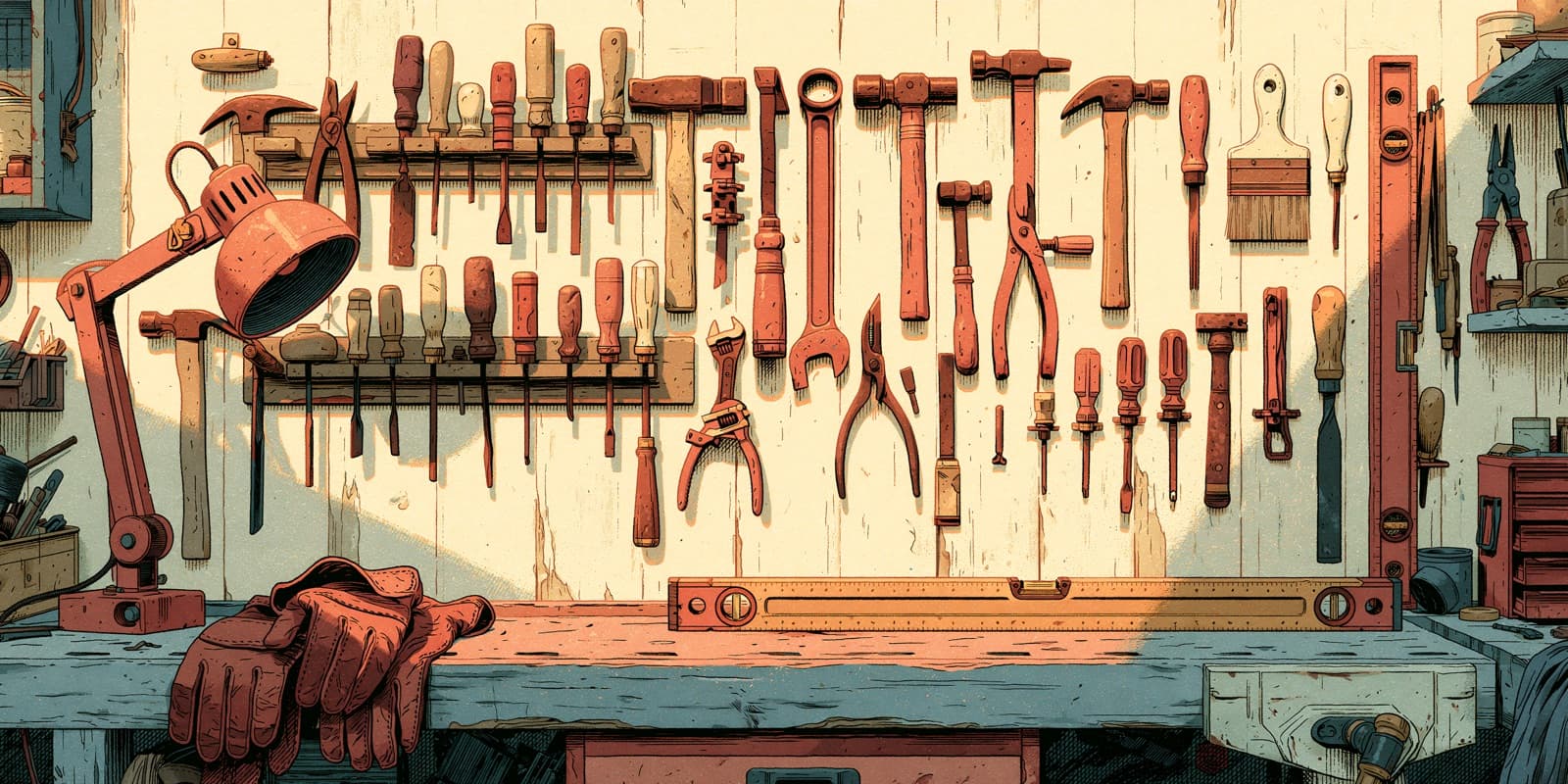 Illustration of a workshop wall of well-worn hand tools above a workbench